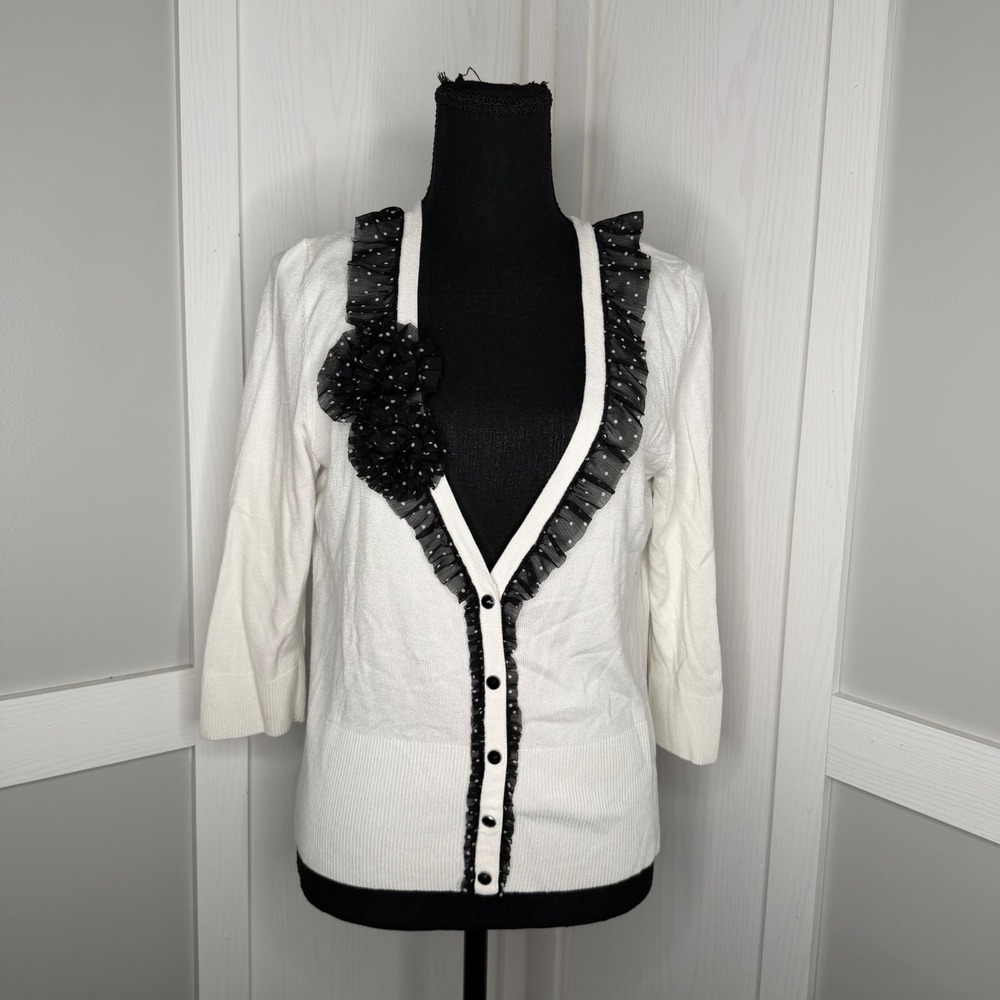 White House Black Market White Cardigan with Black Ruffle Trim